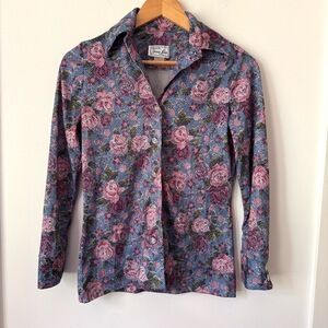 Vintage 70s Blue Pink Floral Button Up Shirt‎ S Cottagecore Romantic Boho Retro